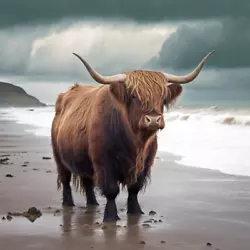 Buy Highland Cow Colourful Oil Art Luxury Canvas Wall Picture Print Beach Background • 119.99£