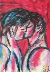 Buy Men Kissing Love Portrait Abstract, Modern Art, Oil Chalk, A4 Paper • 38.54£
