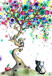 Buy Cats In Love Under Multicolour Tree Original Watercolour Painting Not A Print, 5 • 39.99£