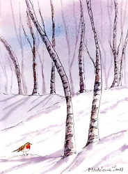 Buy Robin In Snowy Woods Landscape 5.5 X 7.5  Original Watercolour/ink Painting • 10£