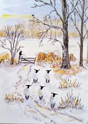Buy Original Watercolour Painting: Sheep & Cat In The Snow • 12£