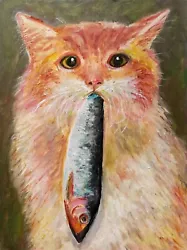 Buy Oil Painting Original Of Cat With Fish Home Animal Feline Kitty Pet Portrait Art • 74£