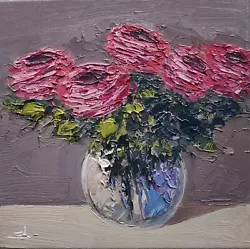 Buy Pink Roses Oil Painting Vivek Mandalia Impressionism Collectible 12x12 Signed • 0.99£