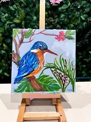 Buy Bird Oil Painting On Canvas Kingfisher In Jungle Realistic Wildlife Floral Art • 120£
