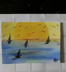 Buy Aceo Seascape Original Mediterranean Sea Bird & Boat  Card  Painting Acrylic  • 1.74£