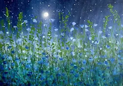 Buy Midnight Garden Cornflowers - Large Original Moonlit Painting - By J TAYLOR • 400£