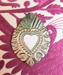 Buy Small Mexican Natural Tin Heart Milagro Mirror Handcut & Painted Folk Art #01 • 10£