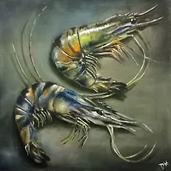 Buy Jumbo King Prawns. Seafood. Fish. Original Oil Painting On Canvas Board. 20x20cm • 50£