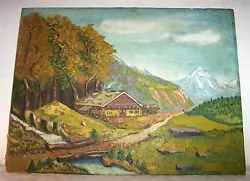 Buy 1947 Mountain House Landscape Painting Signed Oil Canvas Stream Bridge , Habitz • 24.81£