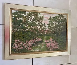 Buy Large Oil Painting Woodland Scene Pink Blossom Monet Style & Vintage & Signed • 40£