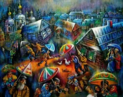 Buy RAIN IN RUSSIAN JEWISH VILLAGE Rainbow Colors PAINTING By Artist ARI ROUSSIMOFF • 6,693.70£