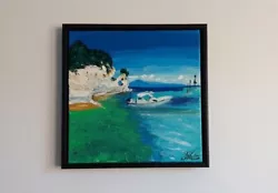 Buy Seascape Paxos Blue Sea And Boat Painting -medium Size - Unframed Rolled Canvas • 50£
