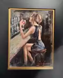 Buy Original Mario Mendoza Oil Canvas Vintage Woman Bar Classic Wine Painting Art • 1,450£