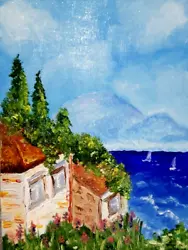 Buy Oil Painting 6x8 .House By The Sea.Sailboat.Landscape.Modern Stylish Mini Art. • 28.26£
