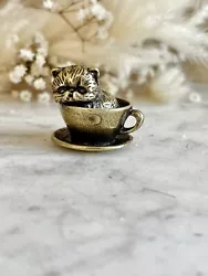 Buy Adorable Solid Brass Kitten In A Cup Statuette, Little Metal Cat Figurine • 12.50£