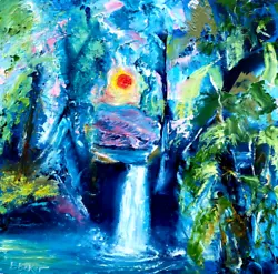 Buy Waterfall Red Sun.Bill Baker.direct From Artist,original Oil Painting. • 10£