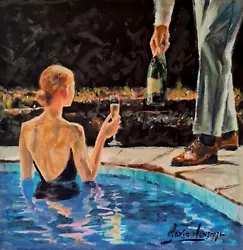 Buy Original Mario Mendoza  Female  Champagne Oil Painting Art Nude City Swim Suit  • 1,500£
