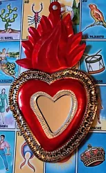 Buy Small Mexican Natural Tin & Red Heart Milagro Mirror Handmade Folk Art #08 • 12£