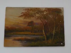 Buy Antique Miniature Oil On Canvas  Lake By Sunset  By Robert J Holliburton • 35£