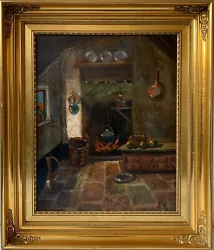Buy Oil Painting Interior Farmhouse With Fireplace Kitchen Empire Picture Frame Gold • 115.43£