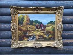 Buy Hunting Scene Horses Dogs Nature Original Signed Vintage Framed Oil Painting   • 248£