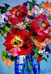 Buy Flowers Blooming Poppies Painting Original Floral Oil Impasto Art Signed 5x7 In • 35.56£