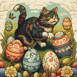 Buy Louis Wain Cute Cat With Easter Eggs Painting 8x8 Canvas Art Print • 11.84£