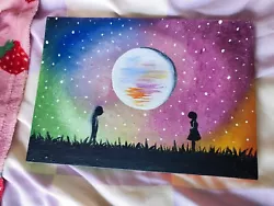 Buy Handmade Hand Painted Canvas Rainbow Sky Couple Romance Moon Painting A4 Size • 10£
