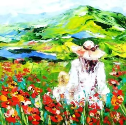 Buy Girl Painting Red Flower Wall Art Tuscany Painting Poppy Original Art • 108.05£