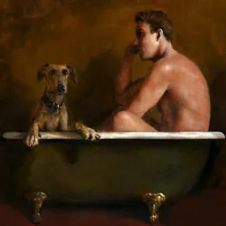 Buy HH1643 Pure Canvas Hand-painted People Oil Painting Naked Man With Dog 16 X18  • 28.98£