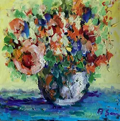 Buy Flowers Vase 12x12 Floral Still Life Oil Painting Impressionism Texture COA • 62.74£