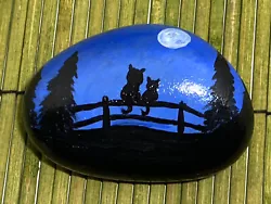 Buy Hand Painted Night Scene Two Cats On Fence Full Moon River Rock One Of A Kind • 12.40£