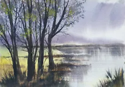 Buy Trees By The Lake Original Signed Watercolour 40cm X 28cm Art Painting • 20£