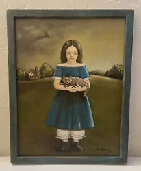 Buy Vintage Original Painting On Canvas Art Little Girl Holding Her Cat W/ Landscape • 123.20£