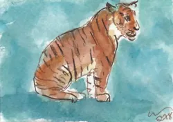 Buy ACEO Art Card Tiger Sit Original Watercolour Painting With Ink Animal Big Cat • 5£