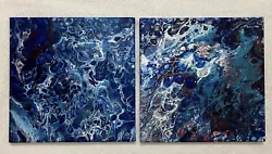 Buy Original Acrylic Pour Paintings On Canvas 10x10 Set Of Two Blue/Teal/Red • 34.84£