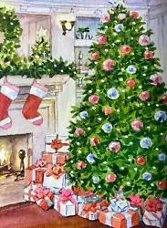 Buy Watercolor Painting Christmas Tree Fireplace Winter ACEO Art No.83 • 53.91£