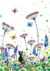 Buy Original Watercolour Painting Cats In Love In  Multicolour Field, Butterflies • 39.99£