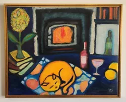 Buy Sleeping Cat With WIne Bottle And Fireplace - Original Art Painting • 435.09£