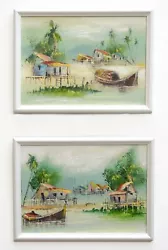 Buy Pair Of Paintings Vintage Oil Oriental Seaside Fishing Village Landscape • 40£