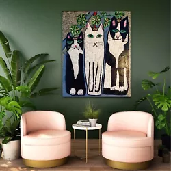 Buy Black White Cats Painting Original Art By Kim Magee Collage Animal Artwork New • 96.78£