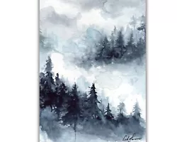 Buy Foggy Forest Scene Watercolor Painting. Misty Pine Trees. • 33.46£