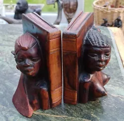 Buy Antique  Pr. Of Exotic Hardwood Carved African Tribal Figural Faux Book Bookends • 29.99£