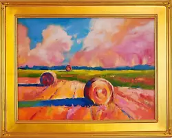 Buy Midwestern Landscape Original Oil Painting Farm Fields & Clouds Gold Leaf Frame • 896.80£