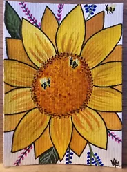 Buy Watercolour ACEO Bright Sunflower & Bee's Original Painting In Sleeve Vicki 2024 • 3.50£