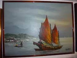 Buy Vintage Oil Painting On Board Asian Boat & Village Signed  Tang Pong 48 X 62 Cm • 34.99£