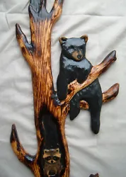 Buy Wood  Carving RACCOON & 2 BLACK BEAR Chainsaw Cabin Decor Wall Art  Carved Cub 1 • 169.83£