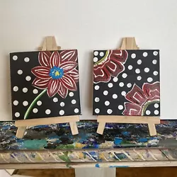 Buy Set Of 2 Mini Paintings On Canvas Original 3/3 Inches, Small,Abstract,flowers • 10.75£