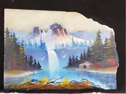 Buy Oil Painting Mountain Waterfall River Cabin Signed On Marble * Mexico 8/1989 • 20.72£