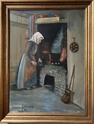 Buy Elderly Woman Cooking By Hearth Signed Martin Olesen '50 - Oil Canvas L67cm H53 • 157.98£